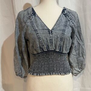 Denim Blouse - Smocked with Puff sleeves, Slightly Cropped and fitted.